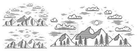 Ilustración de Picos de montaña y pino línea de bosque arte vector ilustración aislado en blanco, ilustración lineal de la cordillera paisaje natural salvaje, senderismo al aire libre camping hormiga tema de viaje. - Imagen libre de derechos