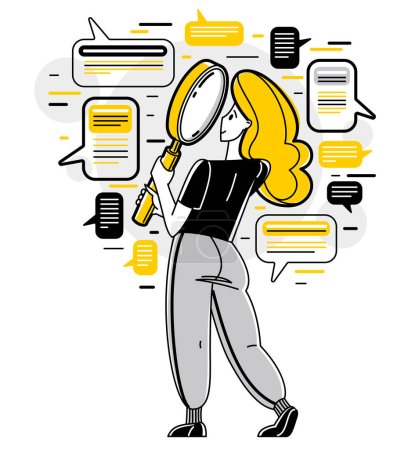 Ilustración de Online consultant working in support center helping and giving advices to customers, vector outline illustration, text messages in a messenger. - Imagen libre de derechos