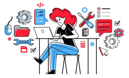 Illustration for Technician computer engineer woman repairing pc vector outline illustration, fixing system work with software and hardware, system administrator. - Royalty Free Image