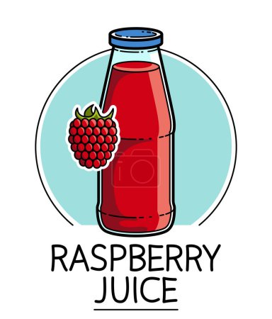 Illustration for Raspberry juice in a glass bottle isolated on white background vector illustration, cartoon style logo or badge for pure fresh juice, diet food beverage delicious and healthy. - Royalty Free Image