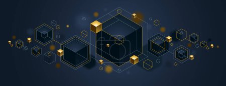 Illustration for Cubes cluster with golden elements lines and dots vector abstract background, 3D abstraction vip luxury style, jewelry classy elegant geometric design, shiny gold. - Royalty Free Image