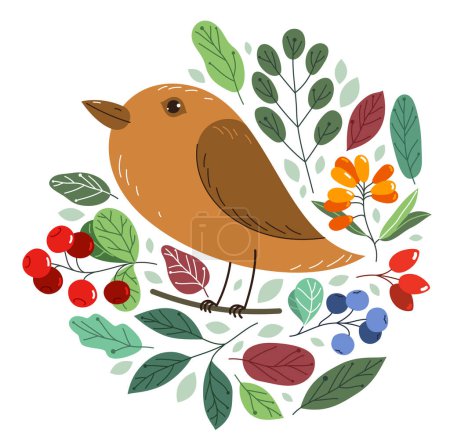 Illustration for Small cute bird on a branch surrounded by wild berries and leaves vector flat style illustration isolated on white background, beauty of nature concept, natural food vegetation. - Royalty Free Image