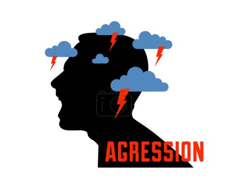 Illustration for Anger, aggression and psychosis mental health and high anxiety vector conceptual illustration or logo visualized by man face profile shouting and screaming, dark clouds over his head. - Royalty Free Image