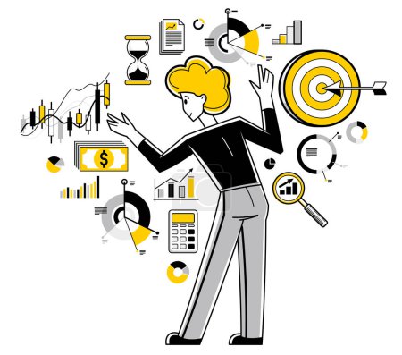 Illustration for Business goal vector outline illustration, business strategy entrepreneur developing and managing his plan, motivation and target. - Royalty Free Image