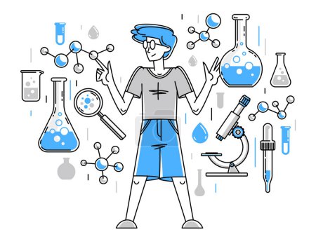 Experimento químico e investigación, científico que trabaja con algunas moléculas en el laboratorio de química, ilustración del contorno del vector para la ciencia y el tema farmacéutico.