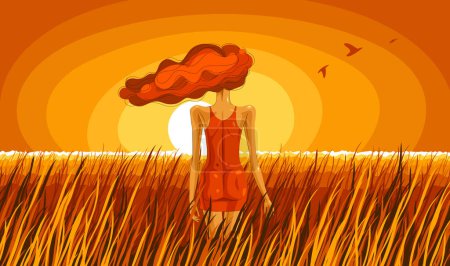 Illustration for Slim young girl from back stands in a wheat field vector illustration, tranquil scene relax and rest concept, get rid of all the problems. - Royalty Free Image