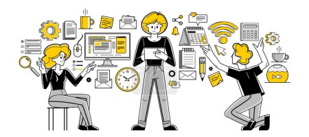 Téléchargez les illustrations : Team doing office work vector outline illustration, career in company for employees, teamwork business and paperwork, office workers. - en licence libre de droit