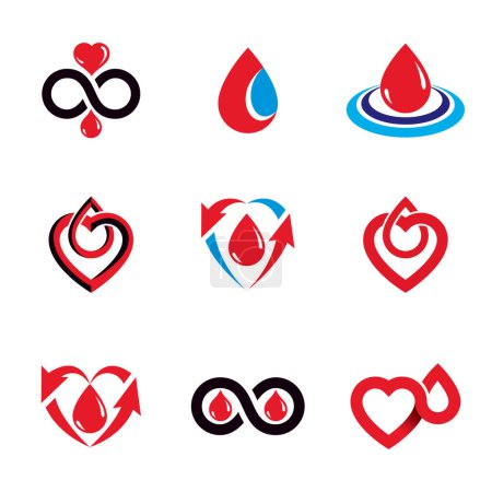 Illustration for Vector illustrations created on blood donation theme, blood transfusion and circulation metaphor. Rehabilitation conceptual vector logotypes for use in pharmacology. - Royalty Free Image