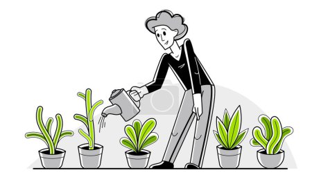 Illustration for Green indoor plants for office or home vector outline illustration, young man work with greenery. - Royalty Free Image