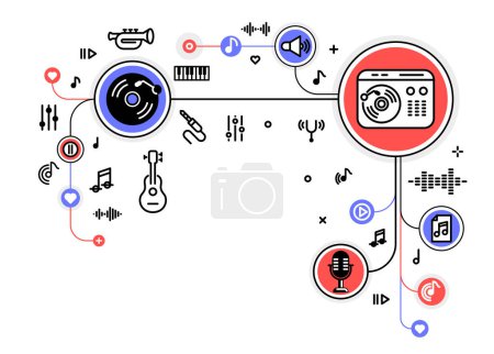 Illustration for Music producing composing new track vector outline illustration, sound engineering in recording studio, composing creating audio mix. - Royalty Free Image