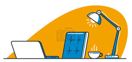 Illustration for Place of work office table desk vector flat illustration isolated over white, work from home comfortable work space concept, empty chair nobody vacant job concept. - Royalty Free Image