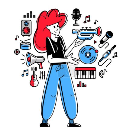 Illustration for Music producer composing new track vector outline illustration, sound engineer doing his job in recording studio, composer creating audio mix. - Royalty Free Image