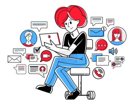 Illustration for Online consultant working in support center helping and giving advices to customers, vector outline illustration, text messages in a messenger. - Royalty Free Image