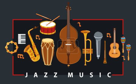 Illustration for Jazz music band poster different instruments vector flat illustration on white, live sound festival or concert advertising flyer or banner, play different instruments orchestra. - Royalty Free Image