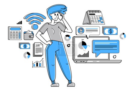 Illustration for Busy business woman working on some commercial project online vector outline illustration, entrepreneur analyzing virtual financial data, e-business. - Royalty Free Image