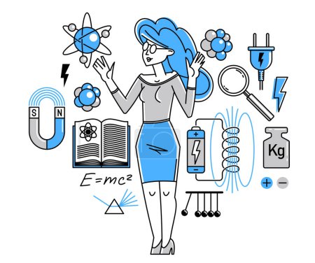 Téléchargez les illustrations : Physicist working on some theoretical physics or making an experiment vector outline illustration, or student studying physics in university, education teacher. - en licence libre de droit