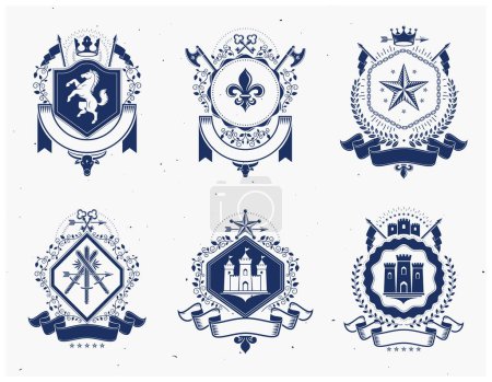Ilustración de Escudo de armas heráldico emblemas decorativos ilustraciones vectoriales aisladas. Colección de elementos de diseño vintage. - Imagen libre de derechos