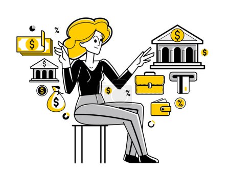 Illustration for Banking vector outline illustration, woman manager working with finances or customer manages her account with deposit or credit, personal savings. - Royalty Free Image