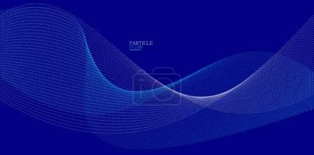 Illustration for Dark blue abstract background, vector wave of flowing particles, curvy lines of dots in motion, technology and science theme, airy and ease futuristic illustration. - Royalty Free Image