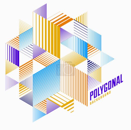 Illustration for Abstract polygonal background with stripy triangles and 3D cubes vector design. Template for different advertising or covers or banners. Retro style graphic element. - Royalty Free Image