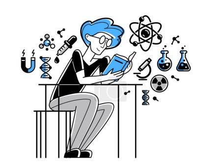 Ilustración de Scientist working on some science research or invention, discovering theory and learning education, vector outline illustration, theoretical science, university. - Imagen libre de derechos
