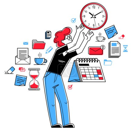 Illustration for Business worker planning tasks and create time management vector outline illustration, productivity multitask prioritization, deadline and zero hour. - Royalty Free Image