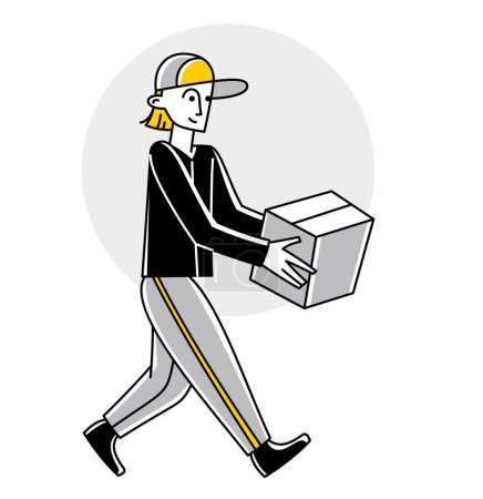 Téléchargez les illustrations : Jeune homme currier portant boîte paquet vectoriel contour illustration. - en licence libre de droit