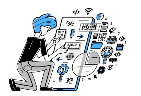 Téléchargez les illustrations : Programmer is coding and repairing some applications on phone, vector outline illustration, programming engineer working with app, sysadmin and coder. - en licence libre de droit