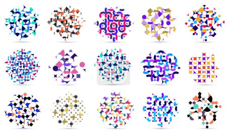 Illustration for Abstract geometric designs big set vector pattern compositions, colorful 70s retro style templates art isolated over white, creative elegant backgrounds. - Royalty Free Image