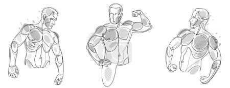 Illustration for Athletic man torso vector linear illustrations set, male beauty with perfect muscular fit body posing, artistic drawings of fitness model. - Royalty Free Image