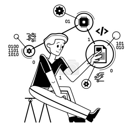 Illustration for Programmer, sysadmin, computer, engineer, software, coder, vector, technology, repair, coding, system, administrator, pc, server, app, application, work, guy, character, job, occupation, virtual, data, information, ai, learning, administration, cyber - Royalty Free Image