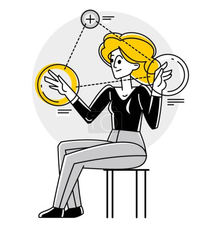 Illustration for Creative worker doing some job and creating some system, inspired inventive designer or engineer composing abstract elements, vector outline illustration. - Royalty Free Image