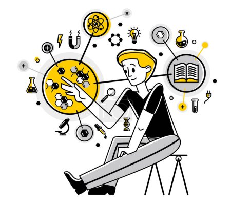 Téléchargez les illustrations : Scientist discovering science theory and making experiments vector outline illustration, science research or invention, physics and chemistry. - en licence libre de droit