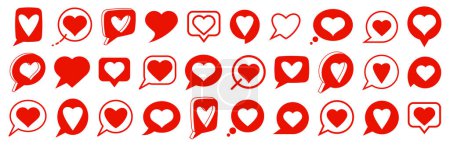 Téléchargez les illustrations : Coeurs dans la parole bulles logos vectoriels ou icônes ensemble, message d'amour dans le concept de chat, commentaire ou marque dans les médias sociaux, communication note romantique. - en licence libre de droit
