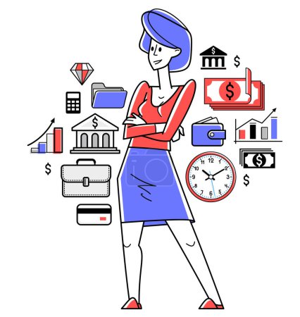 Illustration for Busy businesswoman working on some commercial project vector outline illustration, woman entrepreneur analyzing financial data, manager company leader. - Royalty Free Image