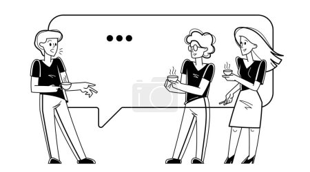 Illustration for Business office team of young people have a discussion and brainstorm with new ideas during a coffee break, vector outline illustration, team of young people discussing. - Royalty Free Image