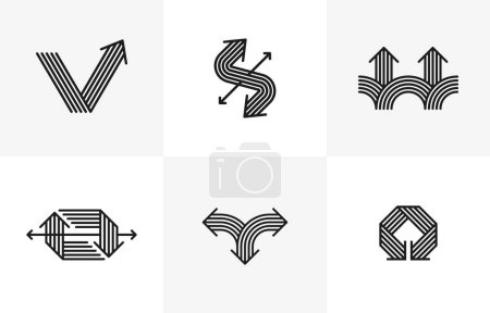 Ilustración de Concepto flechas vector logos conjunto aislado, doble flechas símbolo pictogramas colección, icono de rayas de flecha. - Imagen libre de derechos
