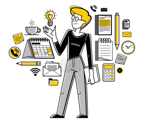 Office worker doing everyday job vector outline illustration, career in company for employee, business and paperwork, manager.