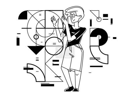 Illustration for Creative worker doing some job and creating some system, inspired inventive designer or engineer composing abstract elements, vector outline illustration. - Royalty Free Image