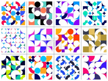 Ilustración de Conjunto de patrones sin costura geométricos vectoriales abstractos, elementos geométricos simples de color repiten azulejos, fondos de escritorio o sitio web, fondos de diseño en la colección de estilo retro. - Imagen libre de derechos