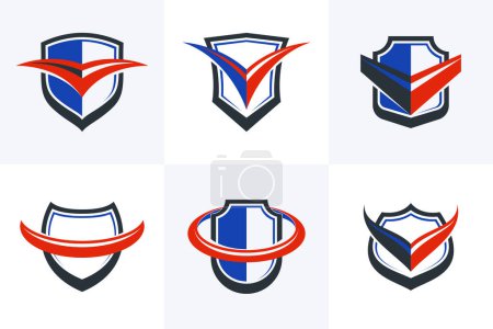 Foto de Set of different designs of shields for branding, ammo protection symbols collection, antivirus or sport theme, insurance or guarantee. - Imagen libre de derechos