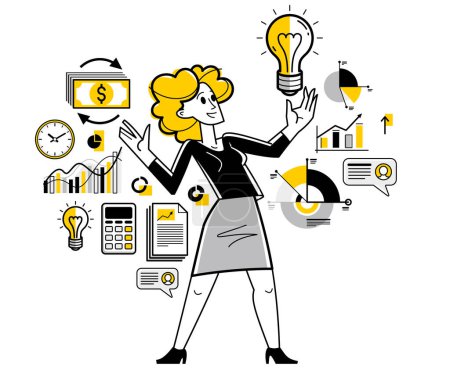 Illustration for Business woman have a bright idea about development or new startup, light bulb solution in a hands of innovative entrepreneur, vector outline illustration. - Royalty Free Image