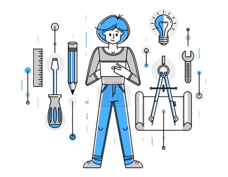 Illustration for Engineer working on a project, mechanic specialist doing his job on draft plan vector outline illustration, creative inventor, machine repair. - Royalty Free Image