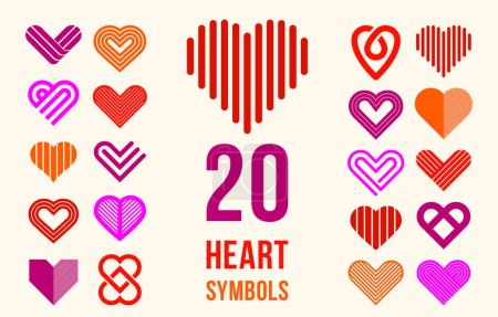 Illustration for Hearts geometric linear logos vector icons or logotypes set, love care and charity geometrical symbols collection, graphic design modern style elements. - Royalty Free Image