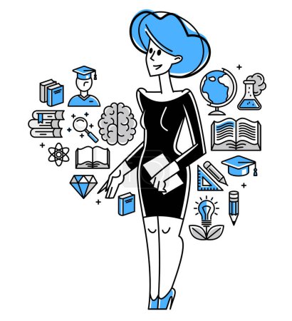 Illustration for Education in university or collage, student is doing homework or preparing for exam, vector outline illustration, study sciences and graduate. - Royalty Free Image