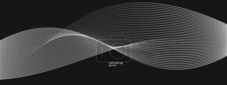 Ilustración de Forma lisa y relajante vector fondo abstracto con onda de partículas que fluyen sobre negro, líneas curvas de puntos en movimiento, imagen tranquila y suave. - Imagen libre de derechos