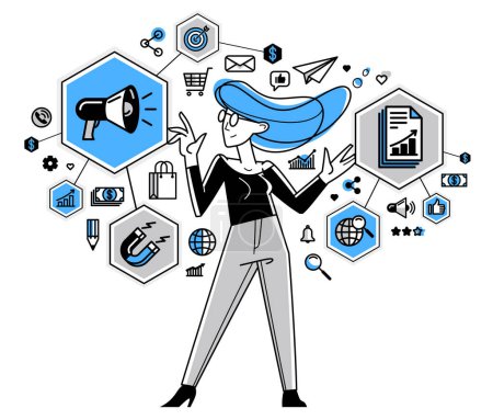 Illustration for Marketing theme vector outline illustration, marketer analyzing and creating plan and strategy, advertising business concept, reach a goal success. - Royalty Free Image