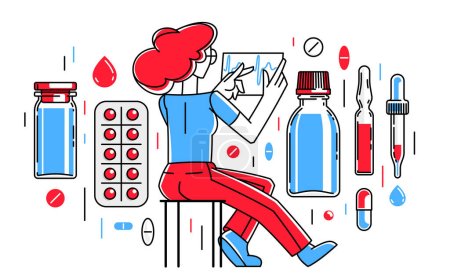 Illustration for Pharmacist working with different medicine outline vector illustration, doctor checking drugs for prescription, apothecary worker, drugstore. - Royalty Free Image