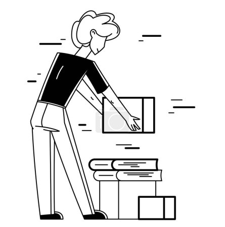 Téléchargez les illustrations : Moving to new apartment or business moving to new office, person carry and unpack boxes with stuff, beginning of new life, vector outline illustration. - en licence libre de droit