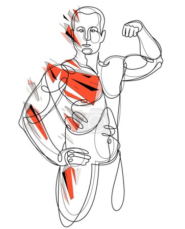 Ilustración de Linear drawing of a perfect body fit model man posing vector illustration isolated, muscular macho sexy guy with naked torso topless. - Imagen libre de derechos